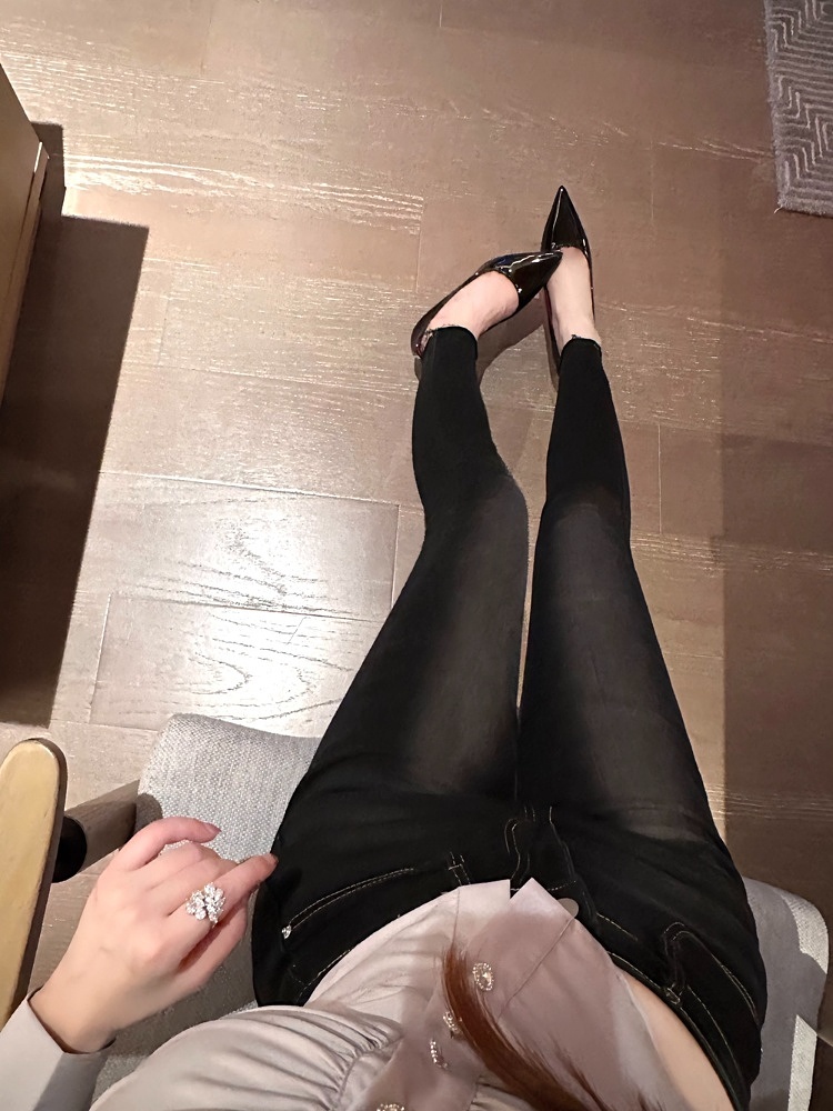 韩版黑色牛仔裤女春秋款裤子2024新款小脚裤紧身裤高腰九分小个子
