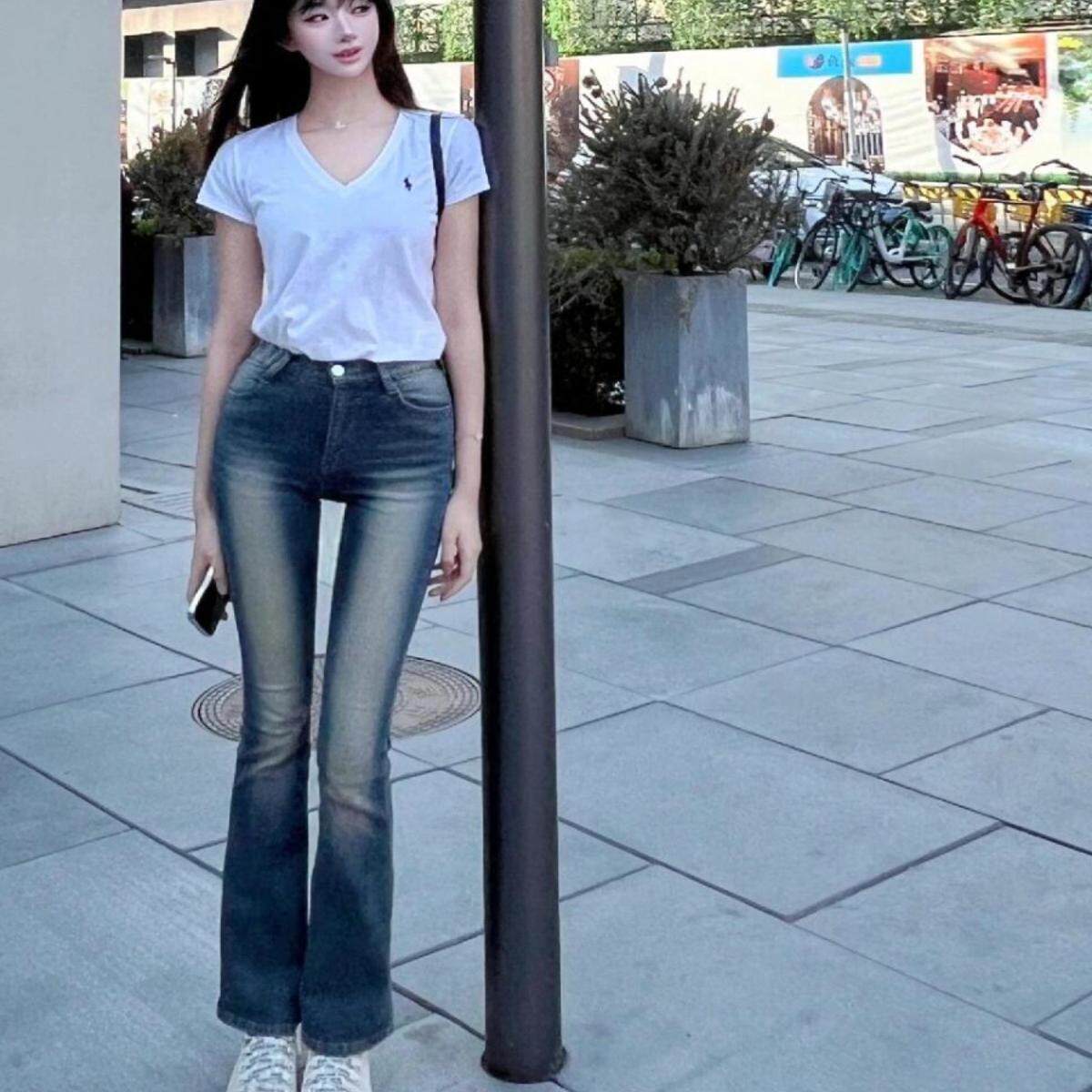 韩版辣妹复古水洗丰胯牛仔裤低腰弹力修身显瘦微喇叭拖地长裤女