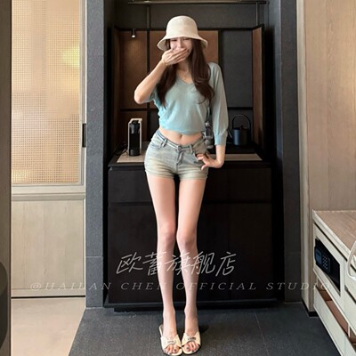 作弊身材*美式辣妹丰臀胯V腰牛仔短裤女复古水洗紧身包臀短裤热裤