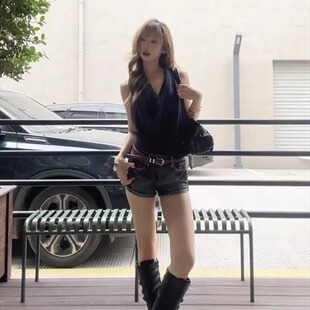 美式辣妹黑灰色中腰复古水洗牛仔短裤女前短后长百搭包臀显瘦热裤