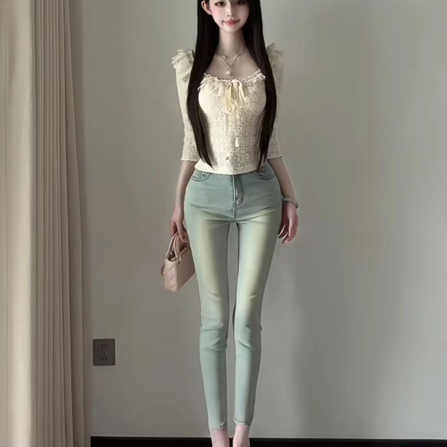 韩版新款磨白显瘦小脚裤牛仔裤修身九分牛仔裤弹力显瘦提臀小脚裤