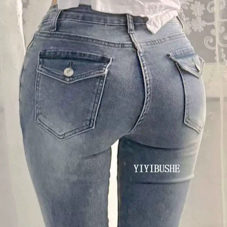 美式复古风~性感显瘦高腰丰胯微喇牛仔裤简约显翘臀口袋拖地长裤