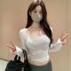 纯欲美神长袖 U领修身 显瘦上衣女辣妹韩系性感百搭一字肩打底Tee