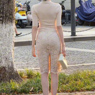 2025法式气质穿搭飘带领中袖修身上衣开叉蕾丝包臀半身裙套装女