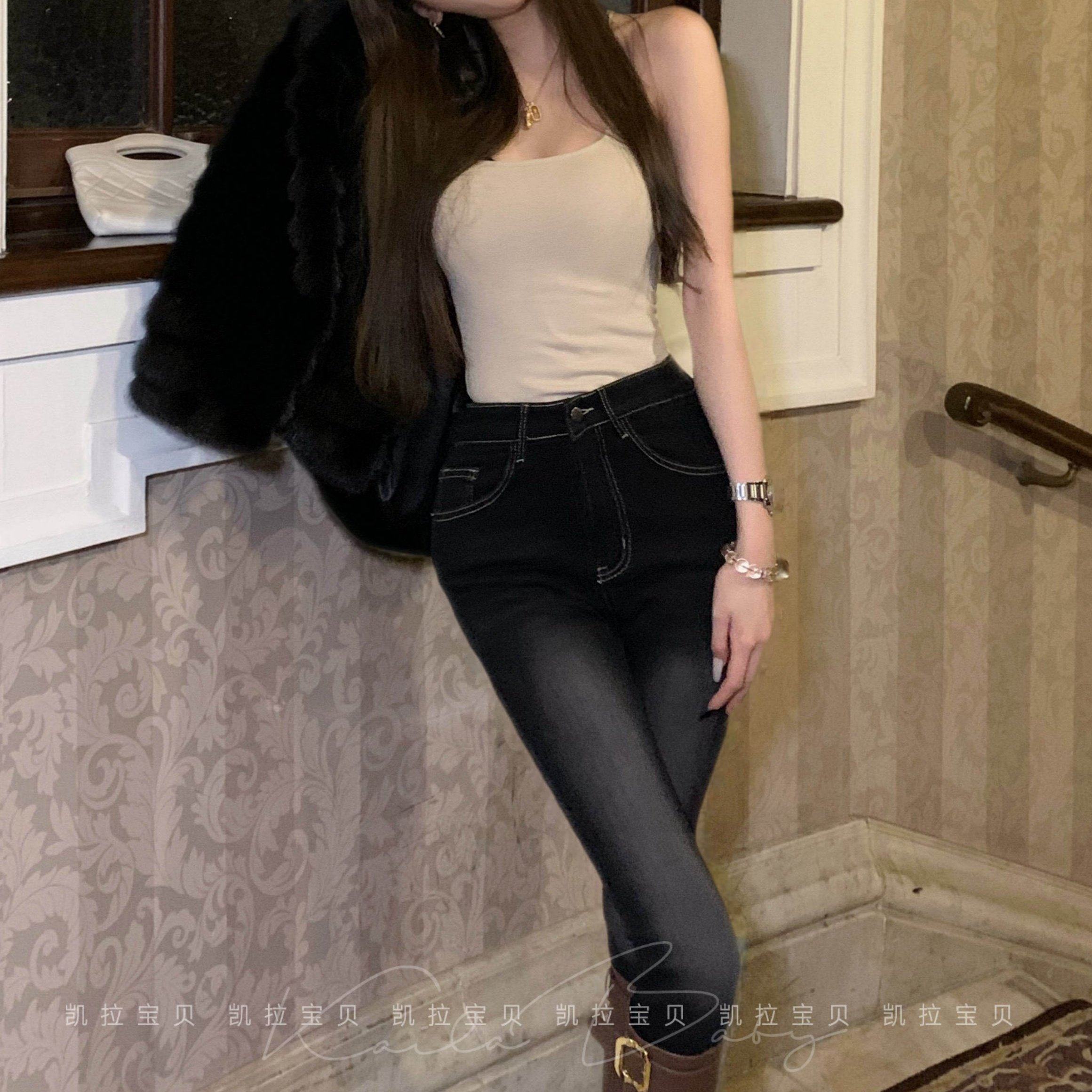 复古黑灰色高光磨白长腿腿精铅笔裤女高腰修身显瘦小脚牛仔裤