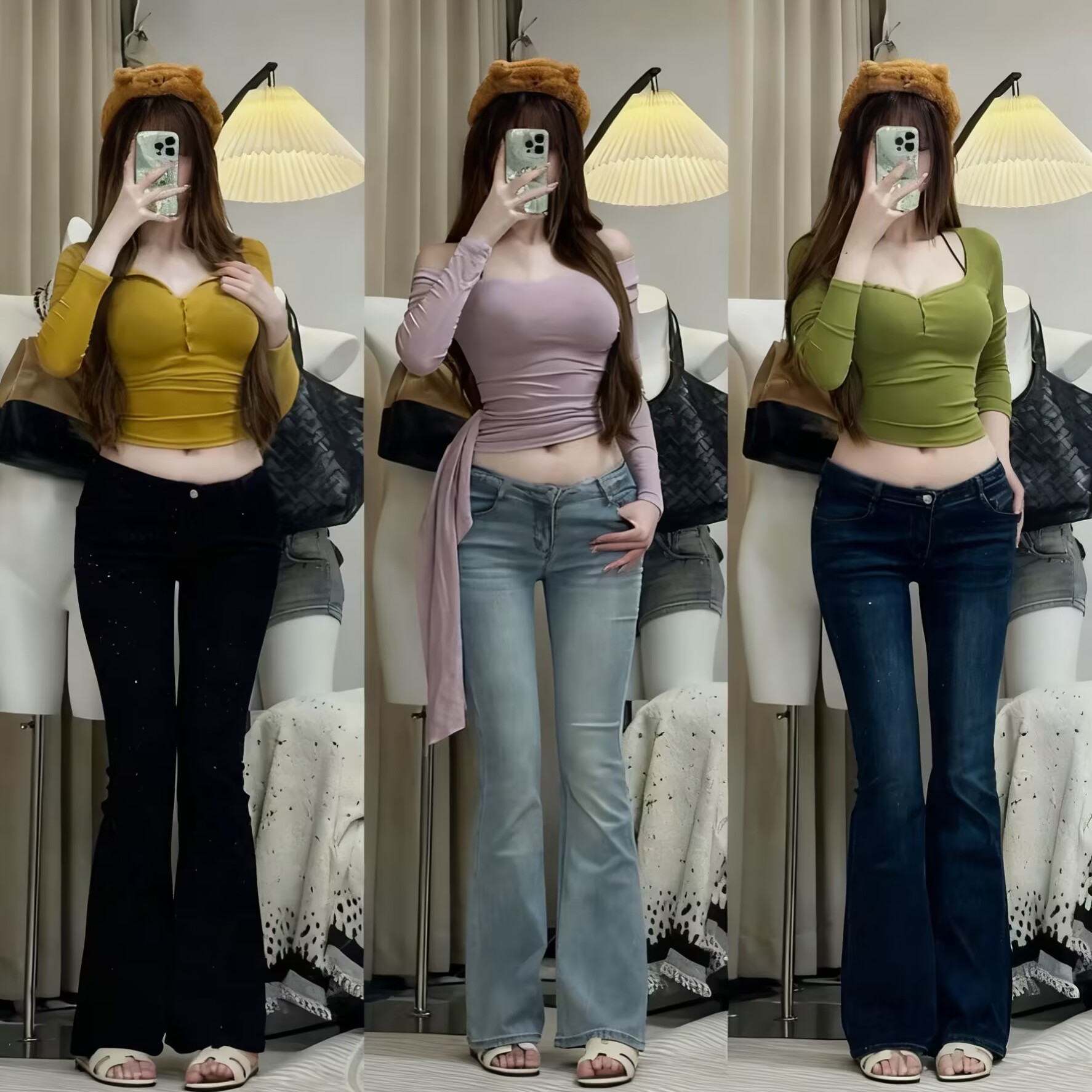 低腰丰胯微喇叭的水洗牛仔裤美式复古辣妹显瘦提臀修身弹力长裤女