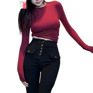 2025春季韩版新款黑色排扣紧身高腰弹力显瘦裤子小脚裤九分牛仔裤