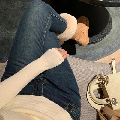韩版深蓝色复古小脚牛仔裤女百搭高腰修身丰胯提臀紧身铅笔九分裤