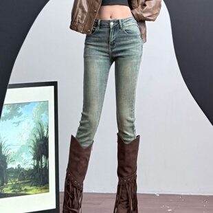 复古蓝提臀铅笔牛仔裤女秋冬新款加绒中低腰辣妹弹力九分小脚裤子