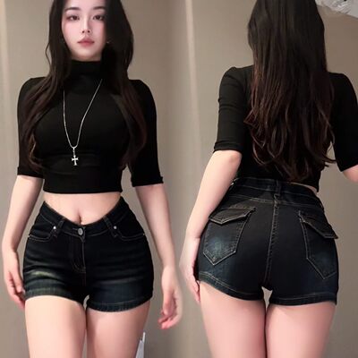 V腰丰胯~辣妹遮肉显瘦显腿长V腰丰胯牛仔短裤女夏季复古包臀热裤