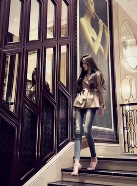 【gu*e丰胯版王牛仔】韩*国gu*e韩版磨白水洗高腰紧身小脚牛仔裤