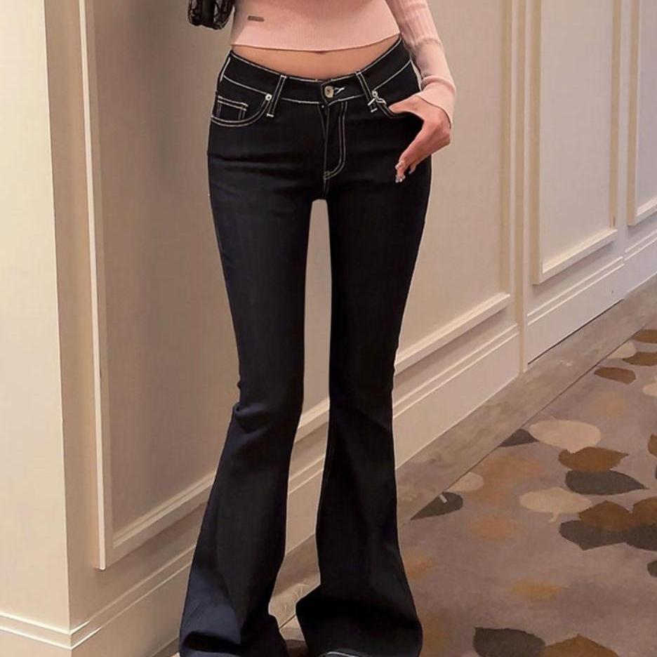 深蓝色低腰明线牛仔裤女春秋新款弹力修身显瘦时尚微喇叭拖地长裤