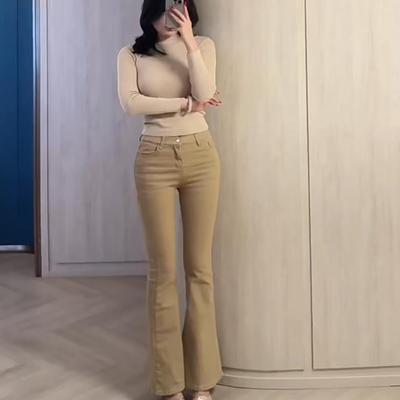 欧蓄复古卡其色微喇牛仔裤