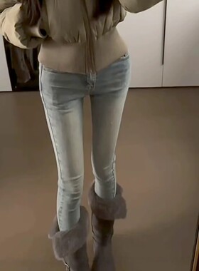 秋冬复古浅蓝色加绒紧身牛仔裤女韩版气质提臀丰胯弹力铅笔九分裤