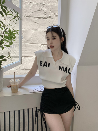 Real auction real price Lapel letter sleeveless shoulder pad waist Short Sleeve Striped Sweater Vest short top