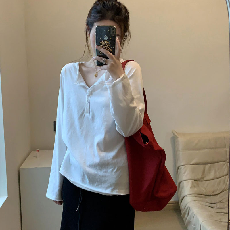 设计感小众半开领正肩长袖t恤女