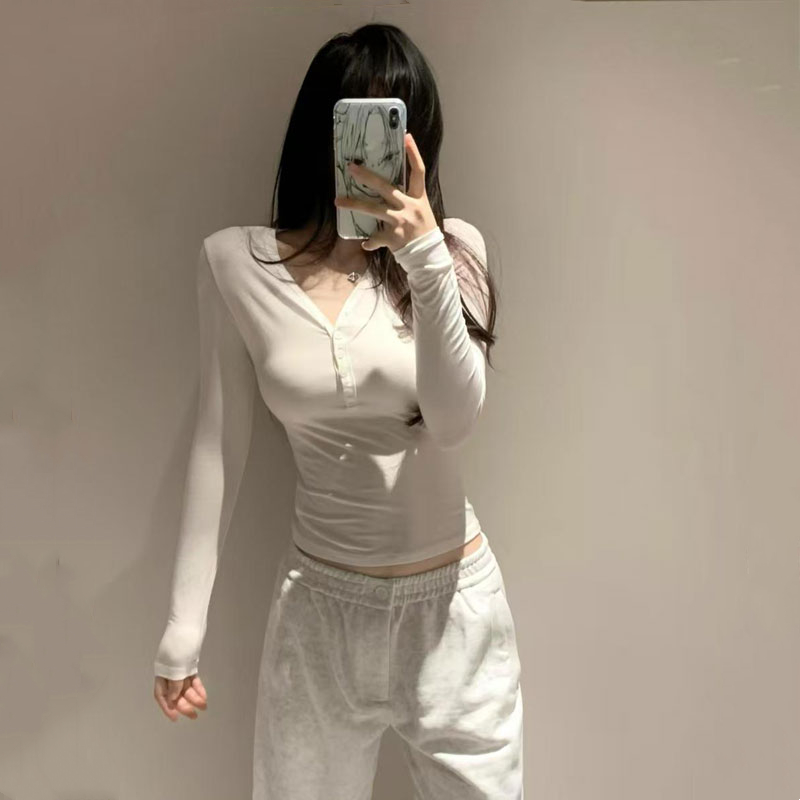 正肩纯棉半开领长袖t恤女打底衫