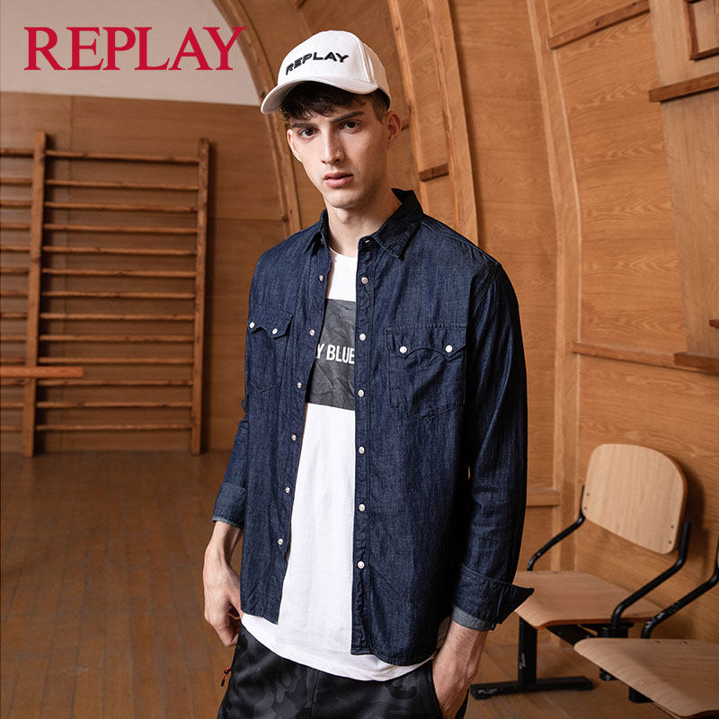 replay牛仔衬衫男士棉质单排按扣宽松休闲百搭帅气