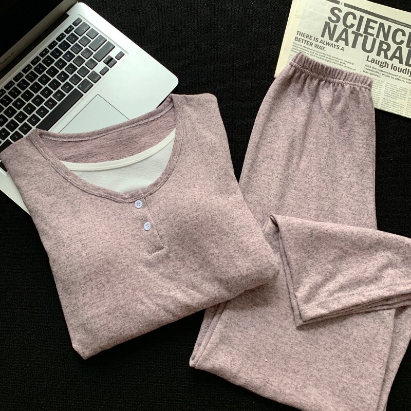 德绒带胸垫睡衣女秋冬款假两件磨毛保暖纯色简约可外穿家居服套装