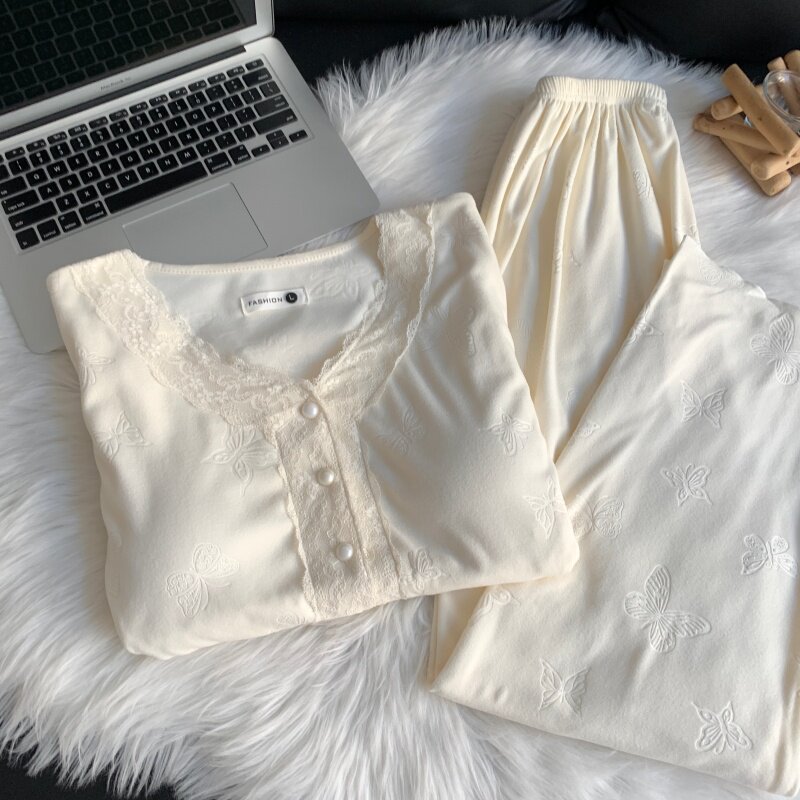德绒带胸垫睡衣女士秋冬季蕾丝纯色开衫长袖保暖可外穿家居服套装