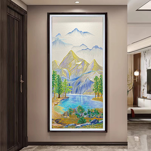 织锦绣新中式聚财山水风景刺绣挂画客厅玄关有框装饰画立体装裱画