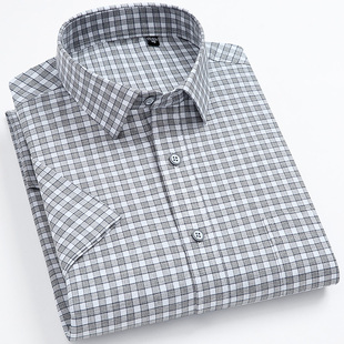 翻领经典 夏天灰白色纯棉小细格子短袖 休闲半截袖 男士 格纹衬衣 衬衫