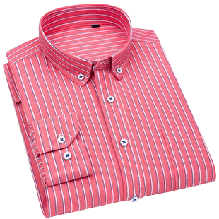 春秋新款免烫抗皱红色牛津纺条纹衬衫男士内搭外传休闲竖条子衬衣