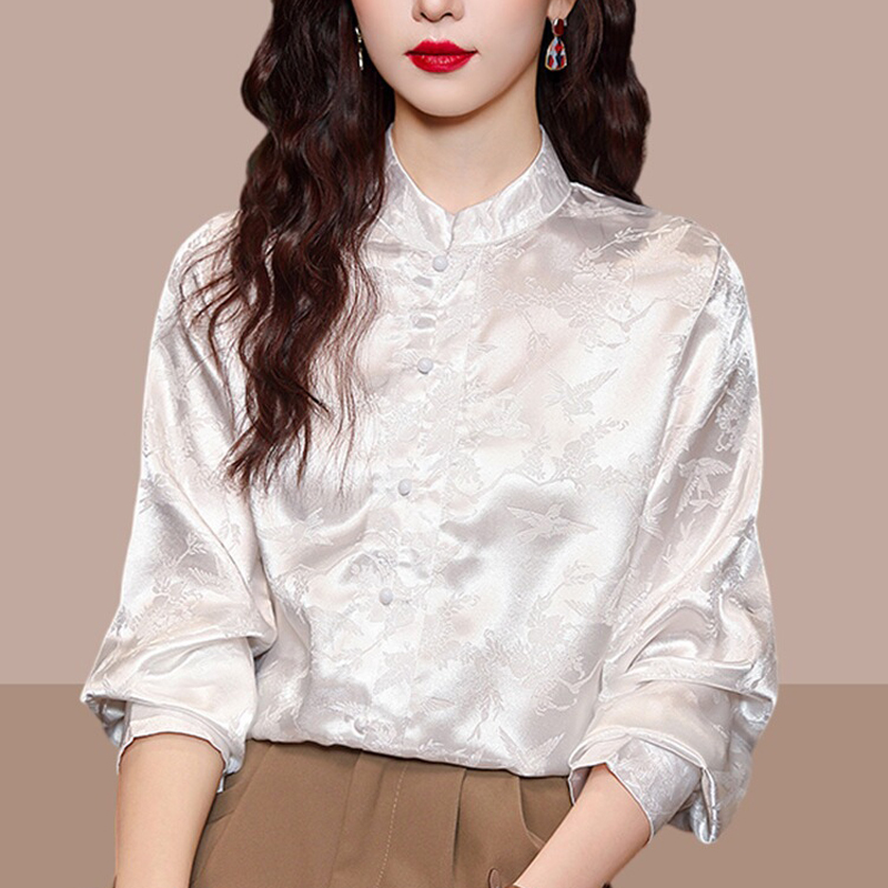春夏缎面国风缎面立领长袖衬衫女