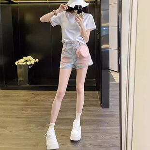浅蓝美式洋红渐变牛仔短裤女春新款高腰宽松苗条水洗腮红a字短裤