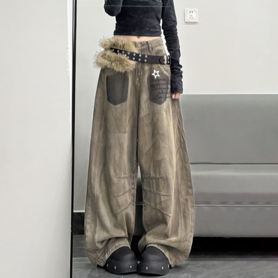 美式复古3D数码泼墨印花迷彩牛仔裤男高街做嘻哈旧低腰阔腿长裤子