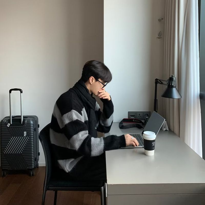 秋季毛衣慵懒高级感男条纹痞帅韩系设计感小众大朗针织衫卫衣外套