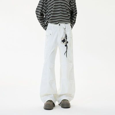 秋季白色绑带微喇牛仔裤男cleanfit美式高街vibe喇叭修身工装裤子