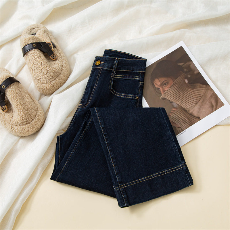 丹宁色直筒牛仔裤女春秋季2026新款高腰显瘦九分小个子弹力阔腿裤