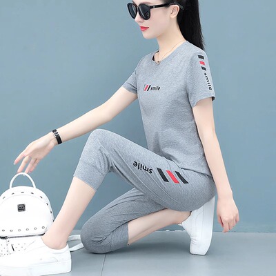 灰色运动套装女夏装2024新款小个子宽松显瘦纯棉短袖七分裤两件套