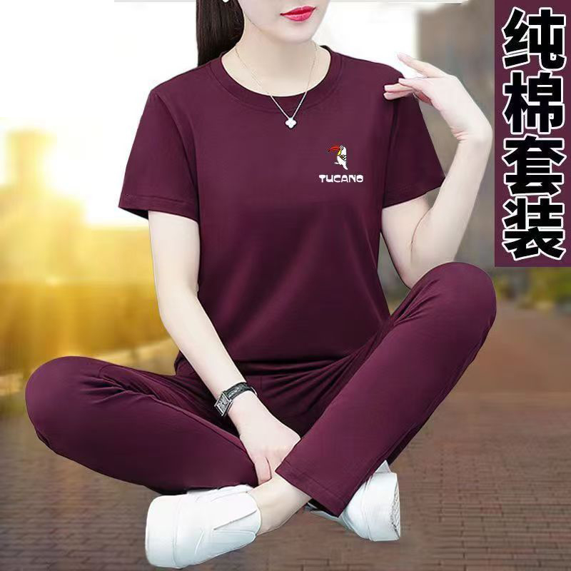 纯棉运动套装女夏季薄款2025新款短袖短裤跑步服两件套休闲运动服