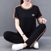 短袖 妈妈夏装 中老年女夏季 洋气中年两件套大码 t恤 纯棉运动服套装