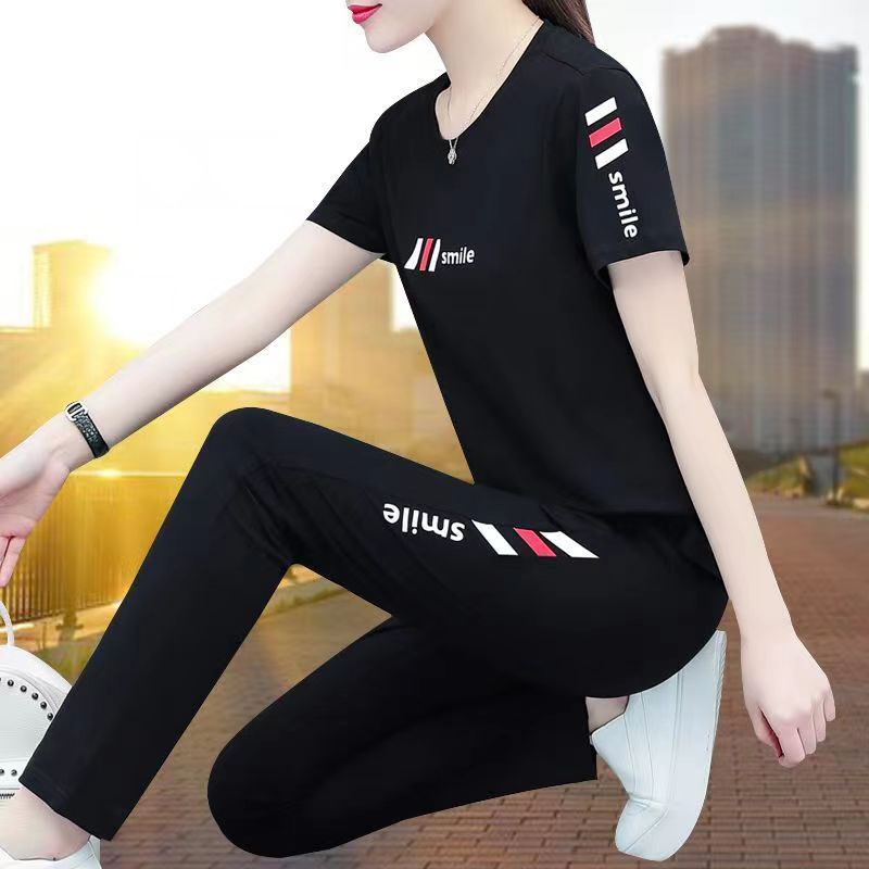纯棉中年运动服套装女短袖2024新款品牌夏季女士宽松妈妈休闲夏装