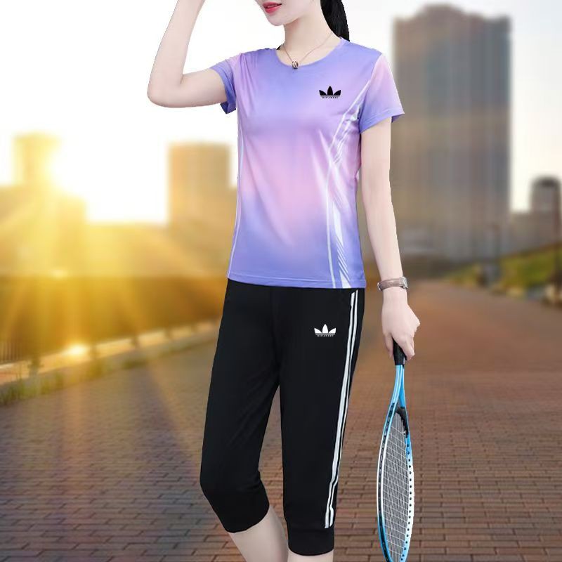 冰丝速干衣七分裤两件套夏2025大码女装宽松显瘦体恤休闲运动套装