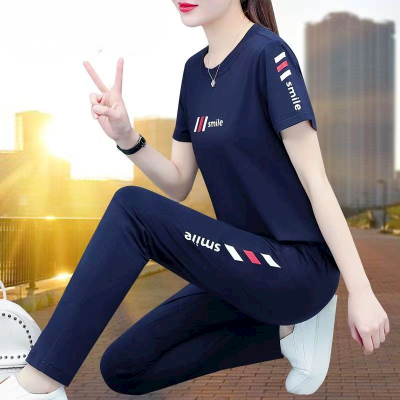 品牌正品纯棉运动服女两件套中年妈妈夏装洋气七分休闲九分裤套装