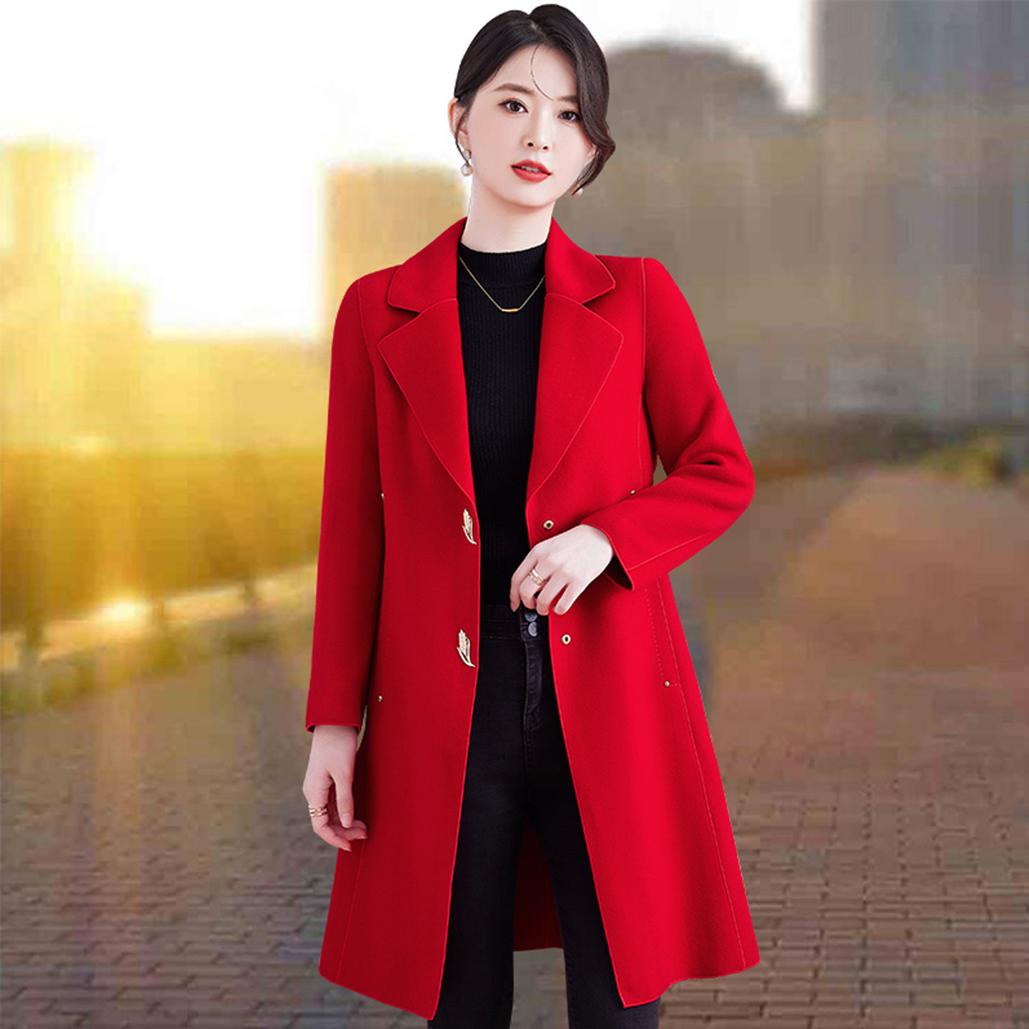 正品冬款女士极简微收腰通勤两粒扣气质双面羊毛呢西装领中长外套