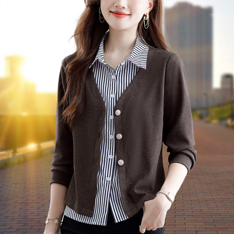 假两件叠穿衬衫女士春秋2026新款妈妈时尚洋气开衫长袖单排扣上衣