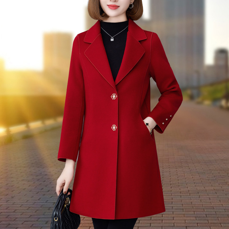 红色毛呢西装外套女2026年新款中长款双面呢大衣通勤高端翻领外套