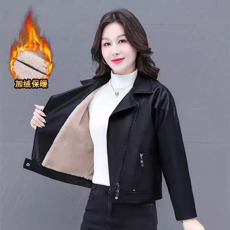 正品皮衣女外套2025冬春新款加绒短款中年妈妈大码宽松显瘦皮夹克