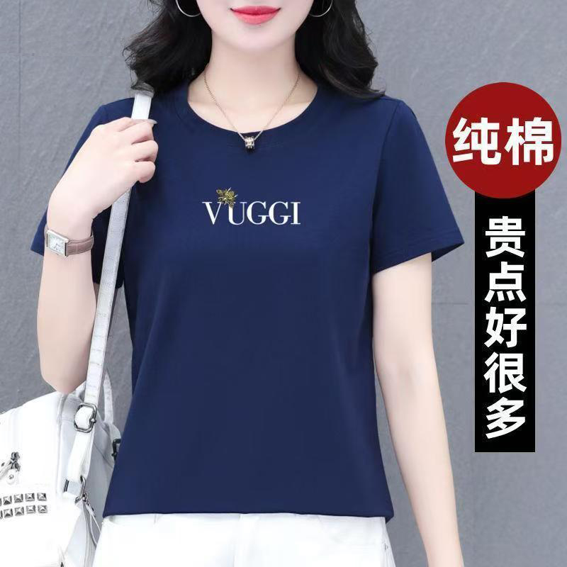 纯棉圆领短袖T恤女装夏季2025新款宽松显瘦中年妈妈舒适透气上衣