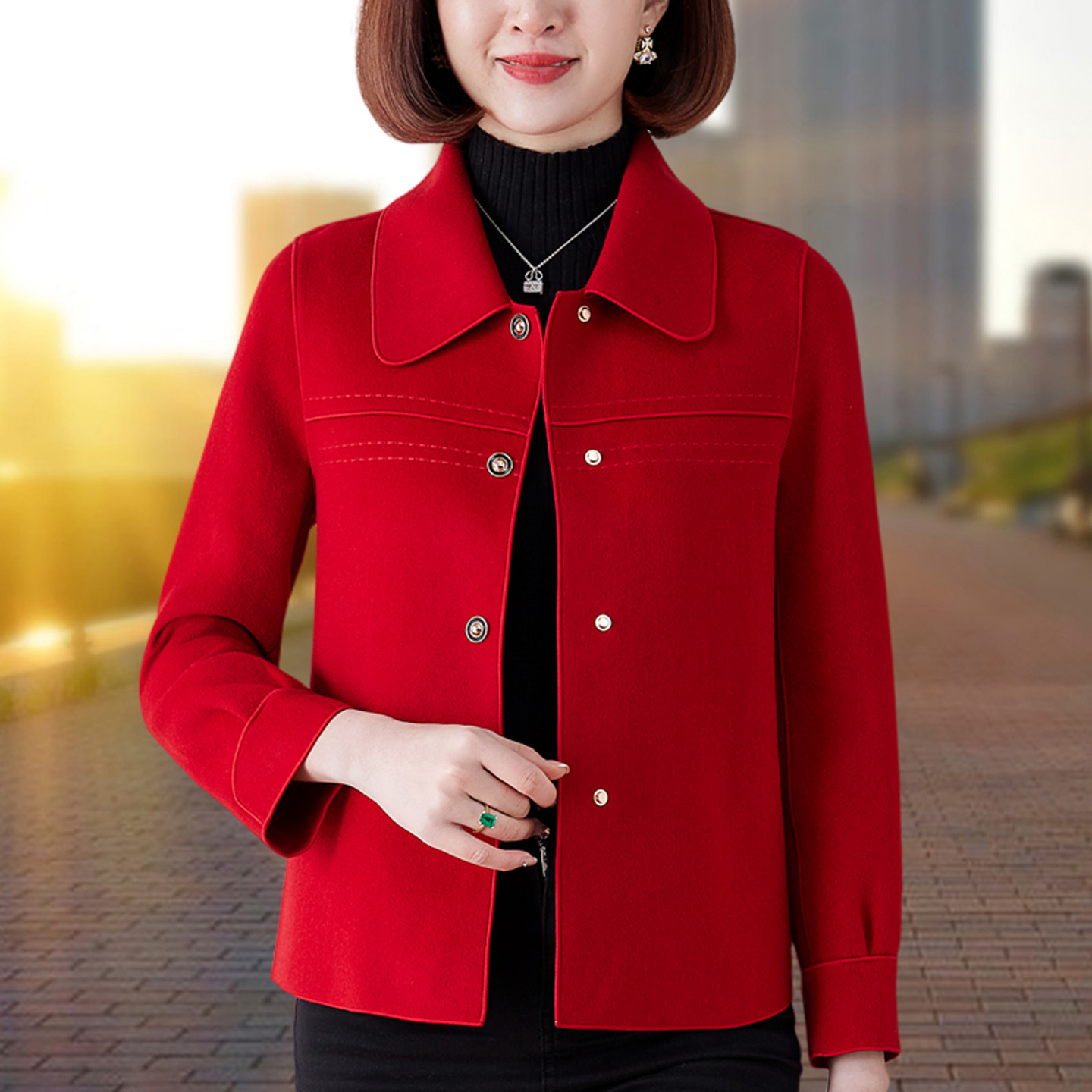 羊毛呢子外套女2025年秋冬新款短款红色上衣中年妈妈双面羊绒大衣