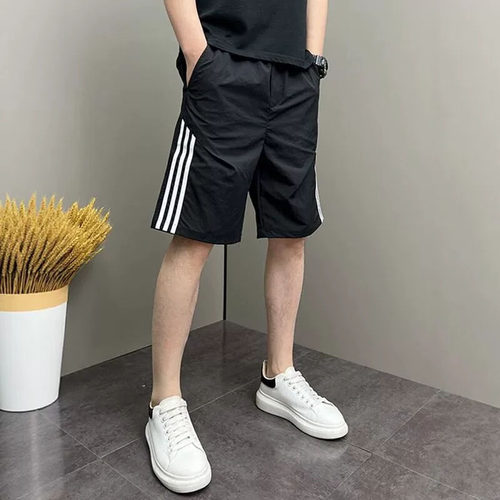 时尚条纹拼接户外运动短裤男夏季薄款直筒速干冰丝宽松休闲五分裤
