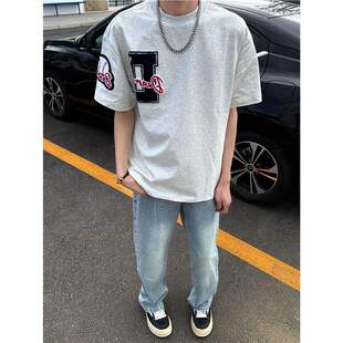 美式高街灰色字母刺绣t恤男款夏季短袖潮牌青少年圆领情侣装上衣