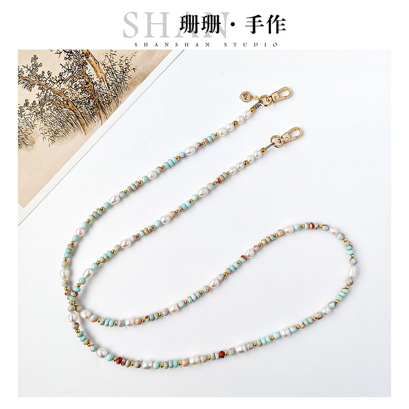 原创手机斜跨链天然珍珠寿山石长链背带单肩斜背包包简约挂绳送礼