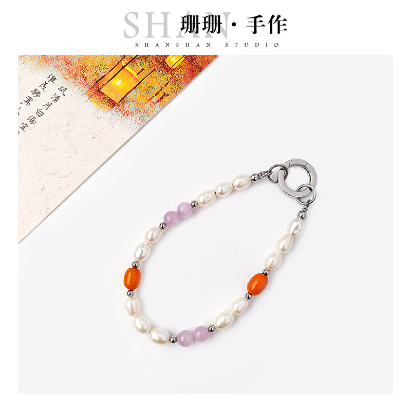 天然蜜蜡手机链珍珠手拿链紫锂辉腕链包包挂件手链高端精致挂绳女