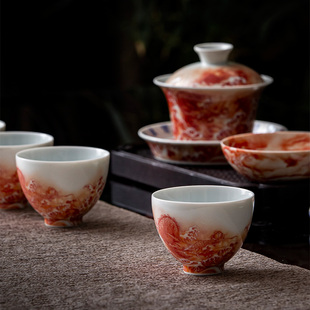 新中式鱼化龙陶瓷功夫茶具泡茶杯组白瓷高温茶杯茶壶套装矾红高雅